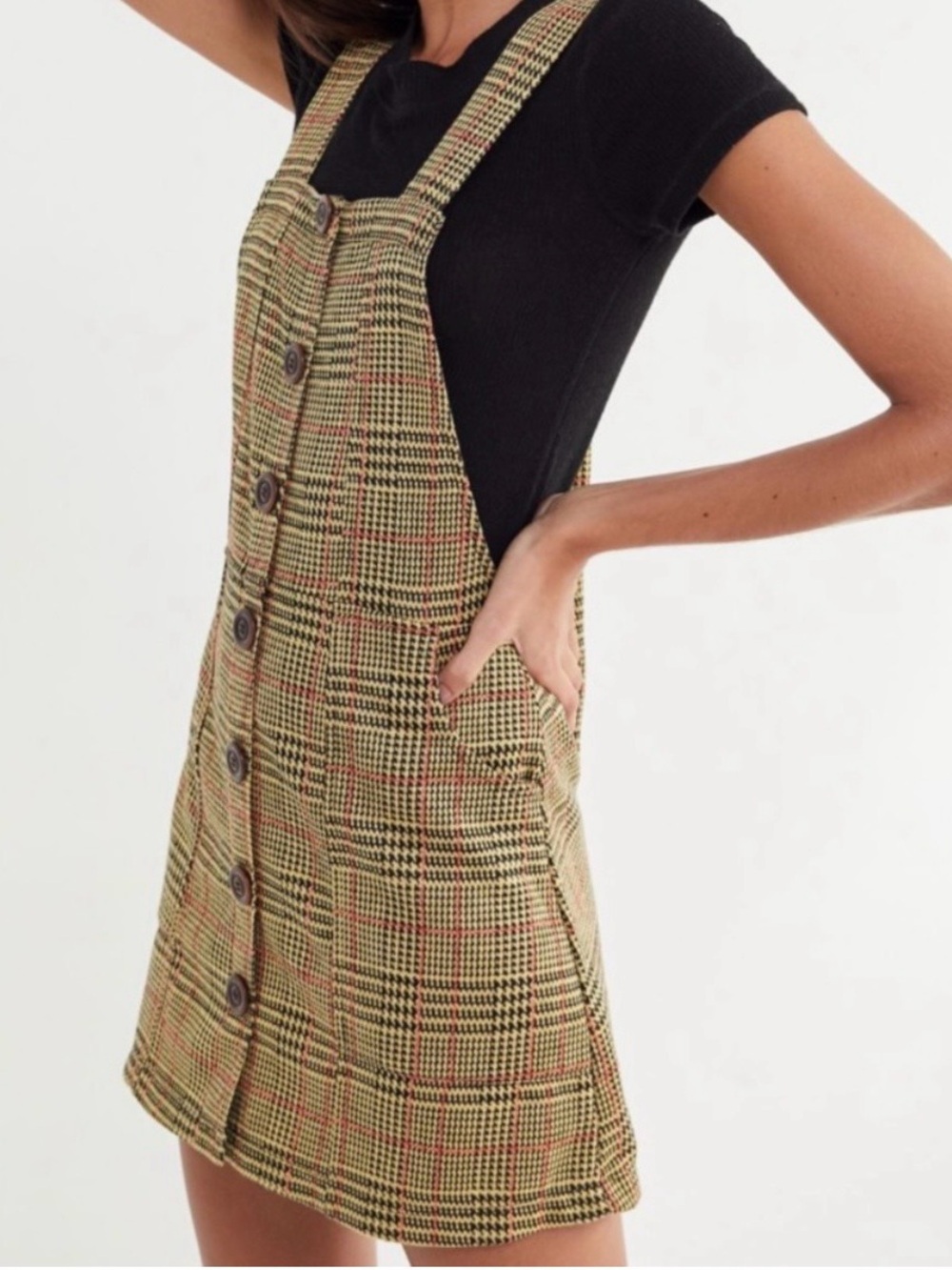 Urban Outfitters Joey Plaid Button Y2K Houndstooth Jumper Mini Dress Yellow S